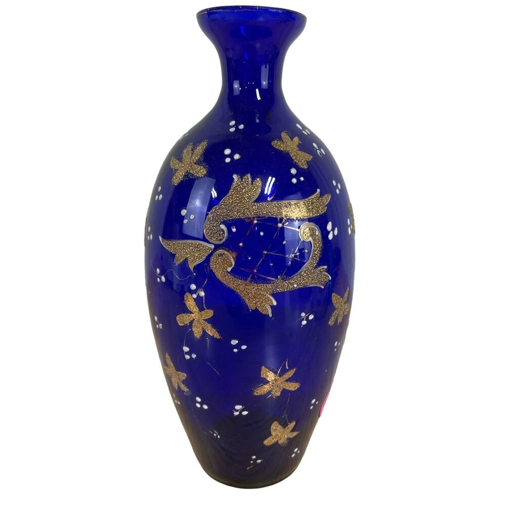 Vintage Signed Moser Art Glass Cobalt Blue Vase Gold Gilt Good Condition